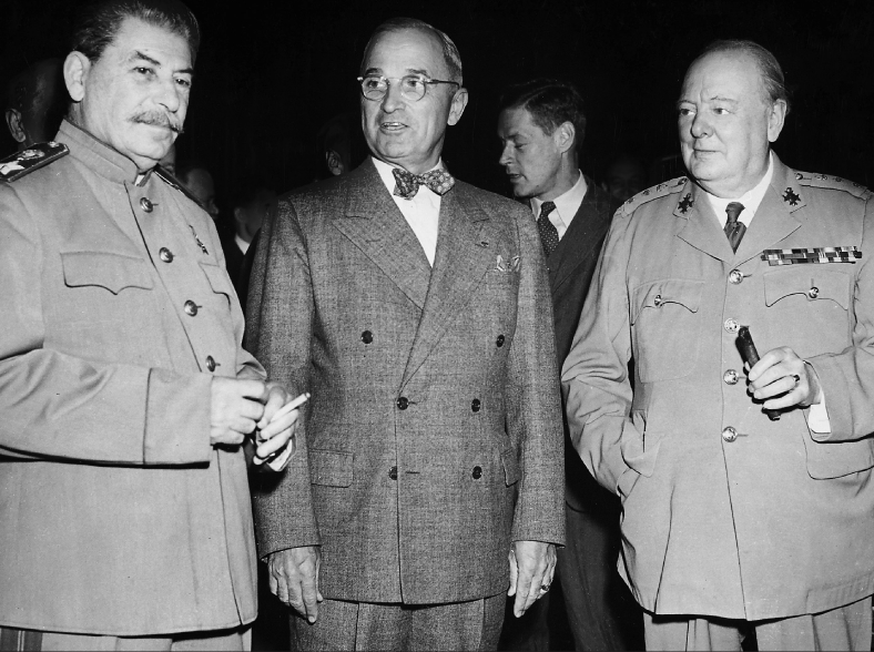 Soviet leader Joseph Stalin, U.S. President Harry Truman, and British Prime Minister Winston Churchill (later replaced by Clement Attlee) meetin Potsdam, Germany, from July 17 to August 2, 1945, to negotiate terms for end of World War II (Shawshots/Alamy)